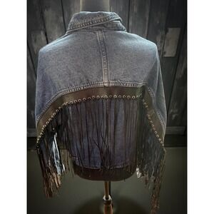 True Religion Denim Jacket w/ Leather Fringe & Grommet Back |Western Moto Size M